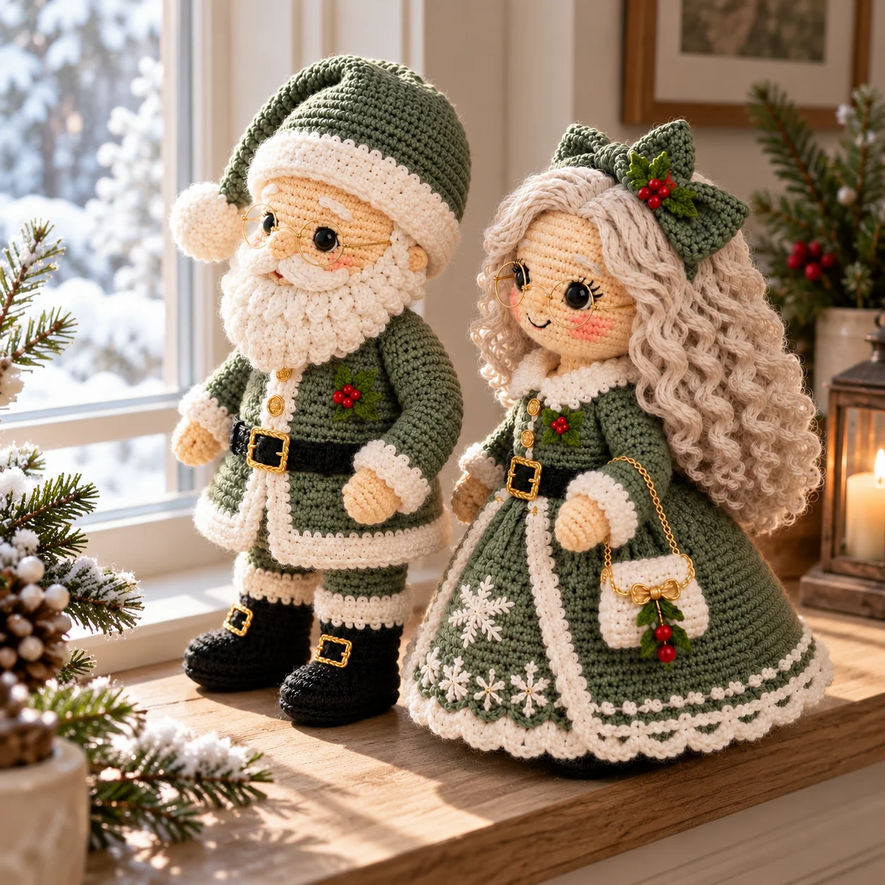Light Green color option finished example showing sage-toned crochet Santa and Mrs. Claus