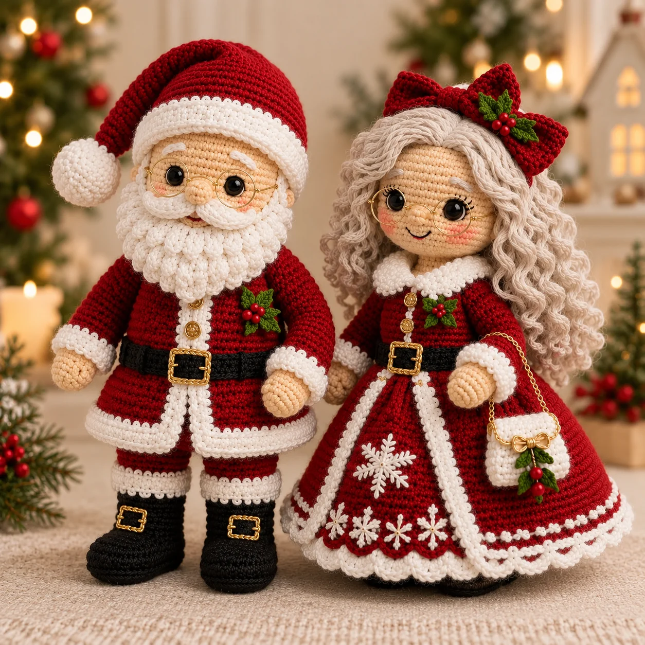 Finished Santa and Mrs. Claus amigurumi showing the textured beard, curled hair and patterned Christmas outfits