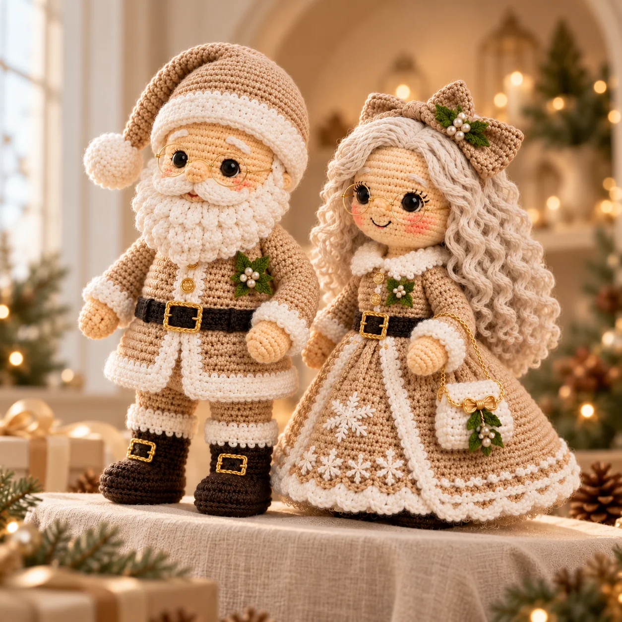 White color option finished example featuring cream and white Santa and Mrs. Claus crochet outfits