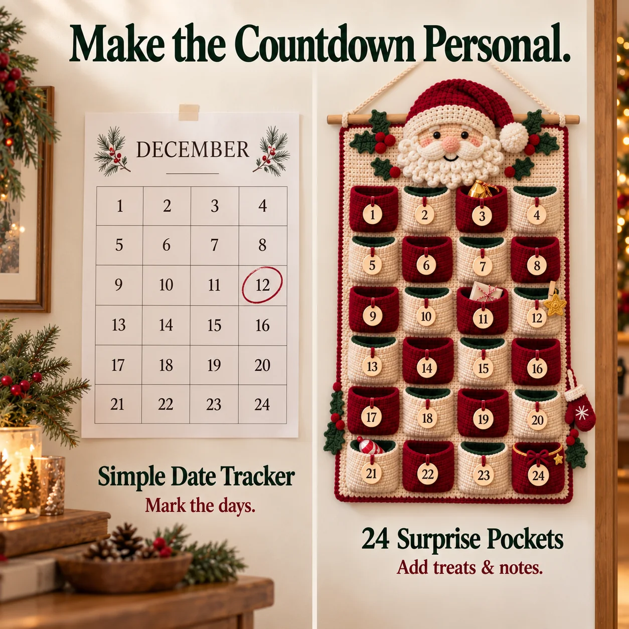 A printed date calendar beside a Santa crochet calendar with pockets for personal surprises