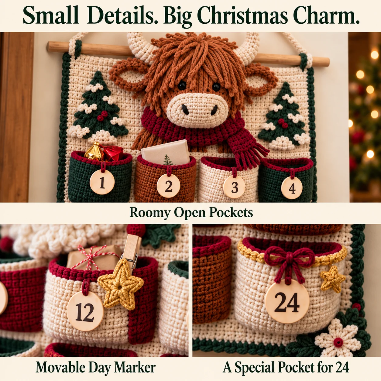 Close-up views of the crocheted character, numbered pockets and star marker