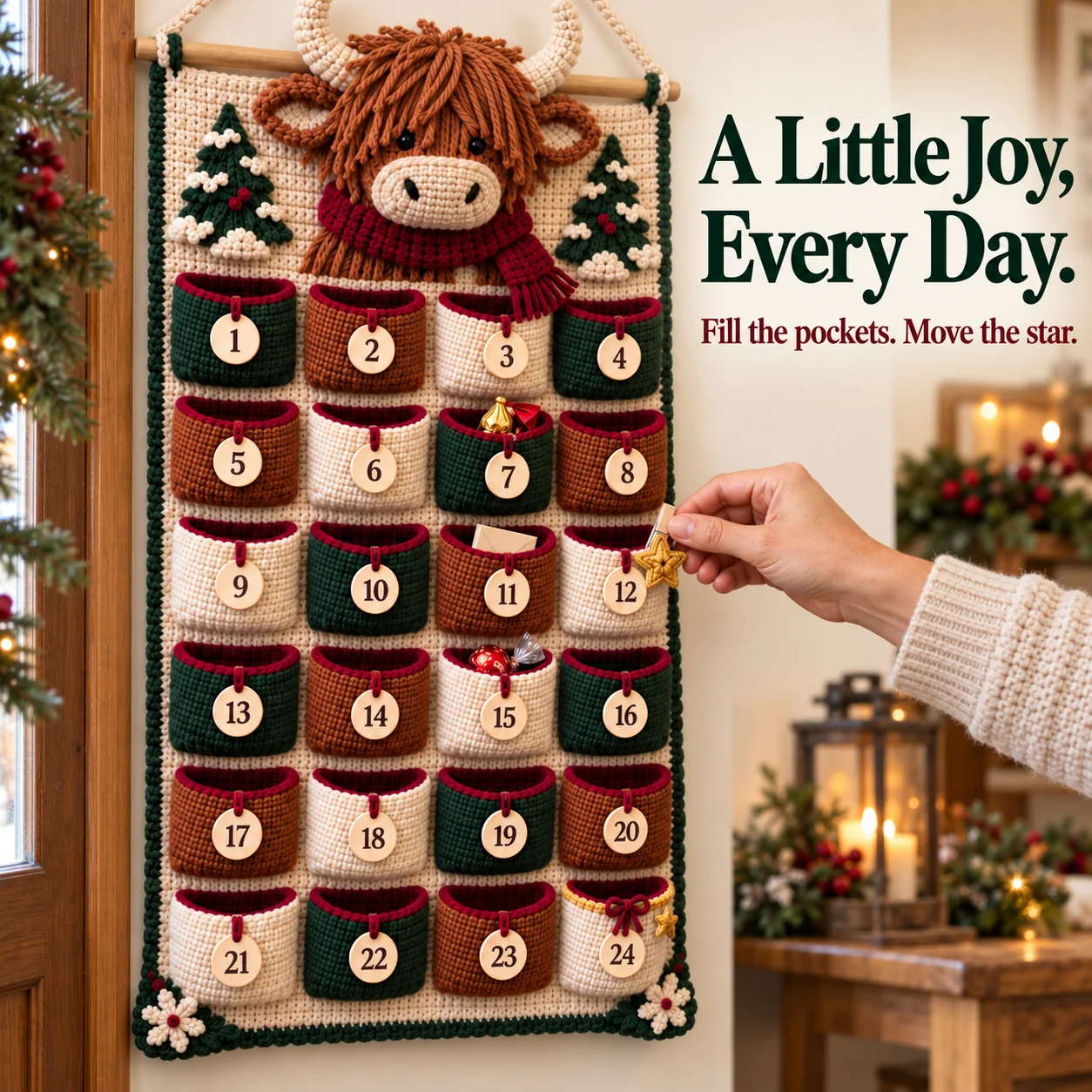 Moving the star marker on a finished crochet Advent calendar with 24 numbered pockets