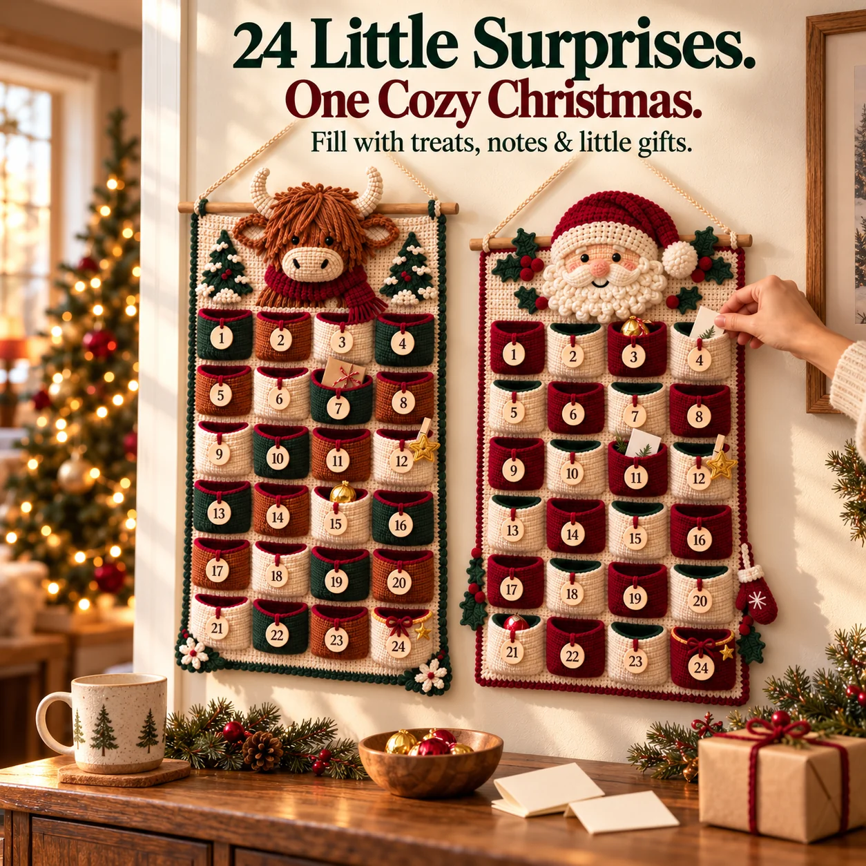 Finished Highland cow and Santa crochet Advent calendars showing how the DIY projects can look