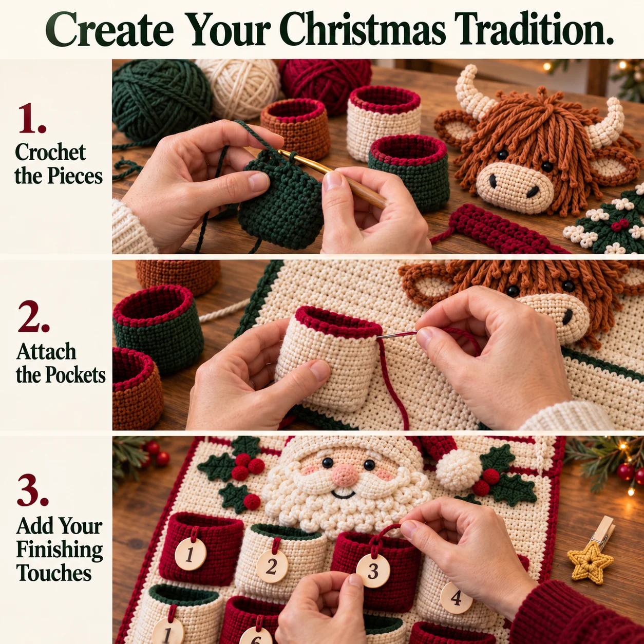 Making the calendar in stages: crocheting pieces, attaching pockets and adding finishing details