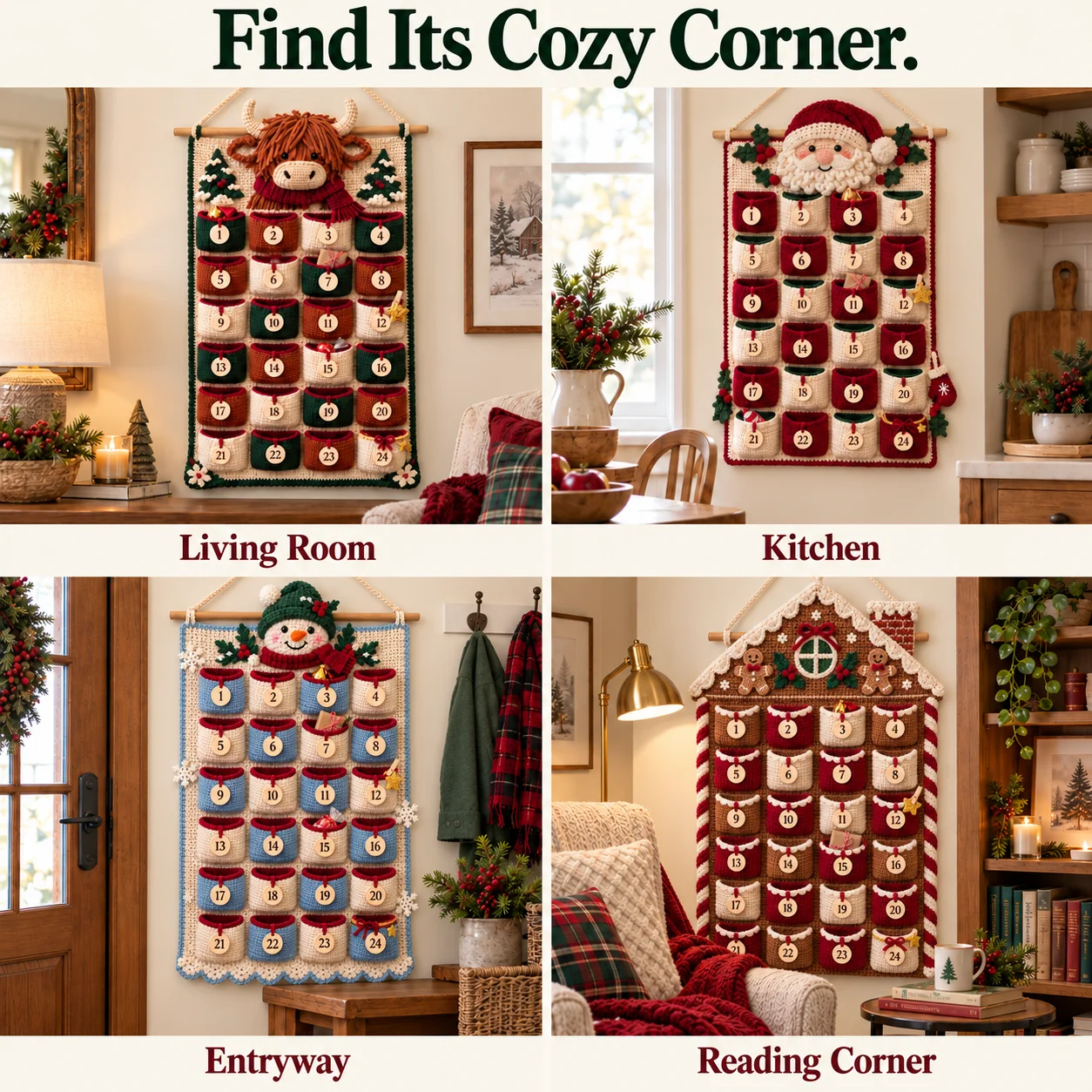 Four completed calendar designs in home settings: Highland cow, Santa, snowman and gingerbread house