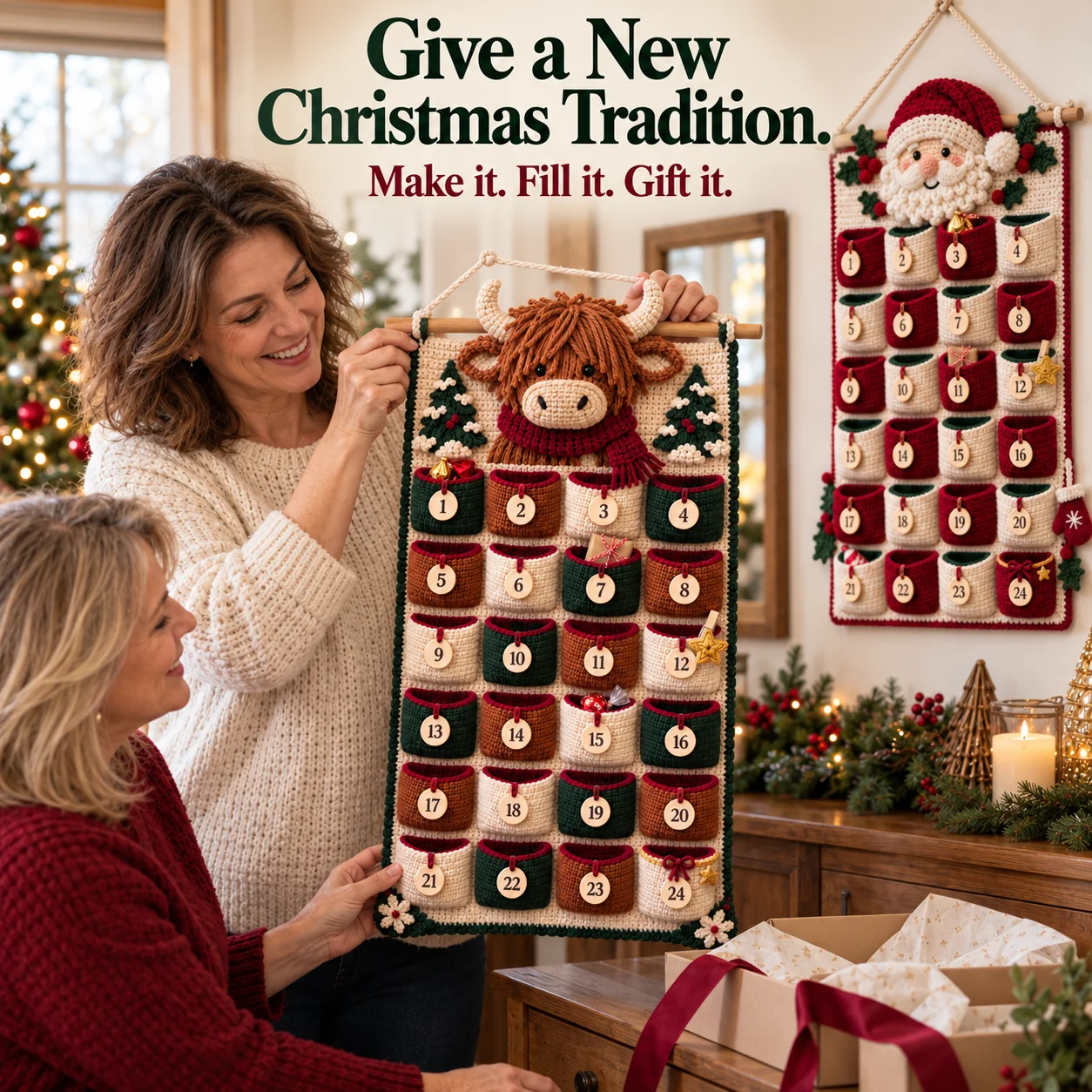 A completed Highland cow Advent calendar being given as a handmade Christmas gift