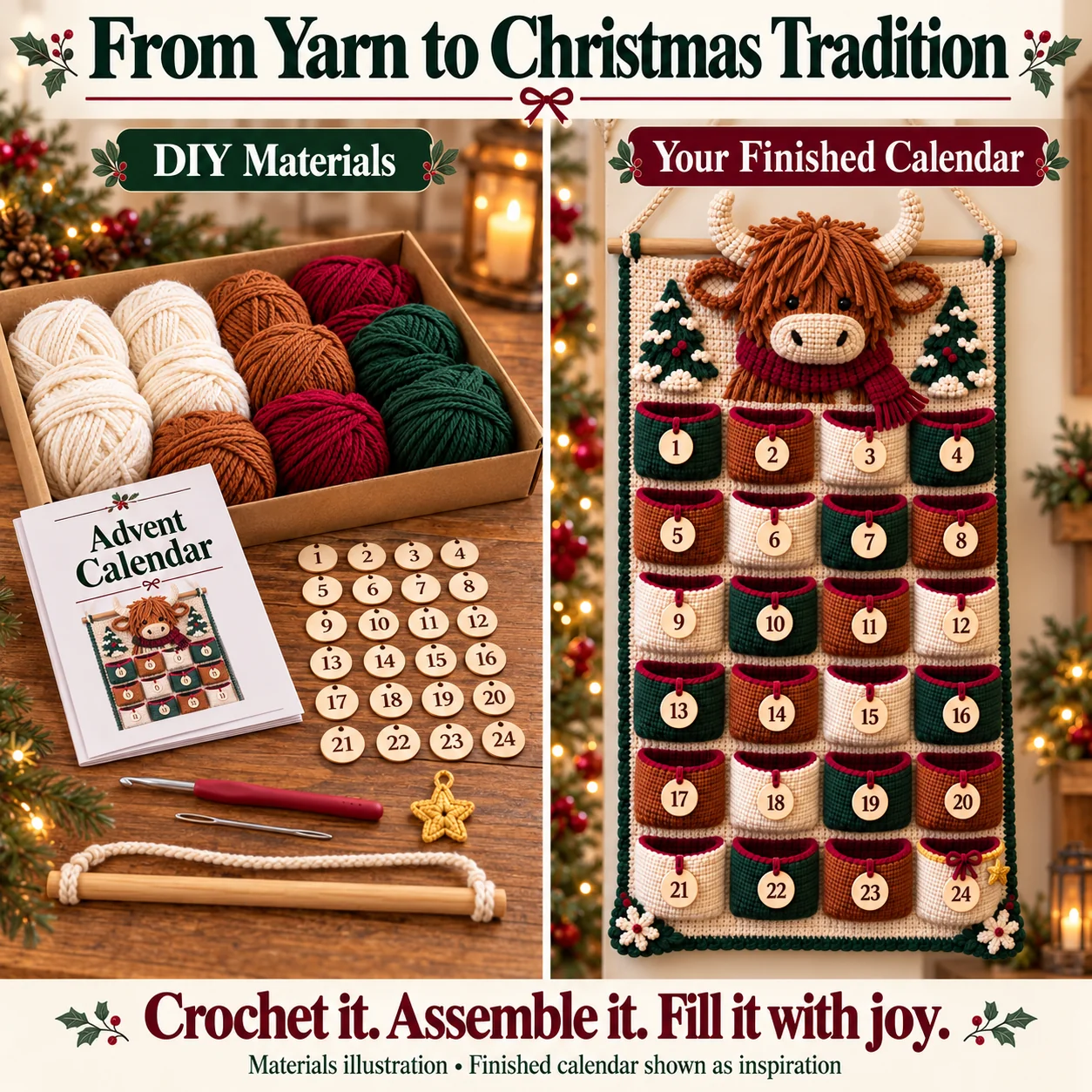 DIY crochet materials displayed beside a completed Highland cow Advent calendar; materials illustration and finished project inspiration