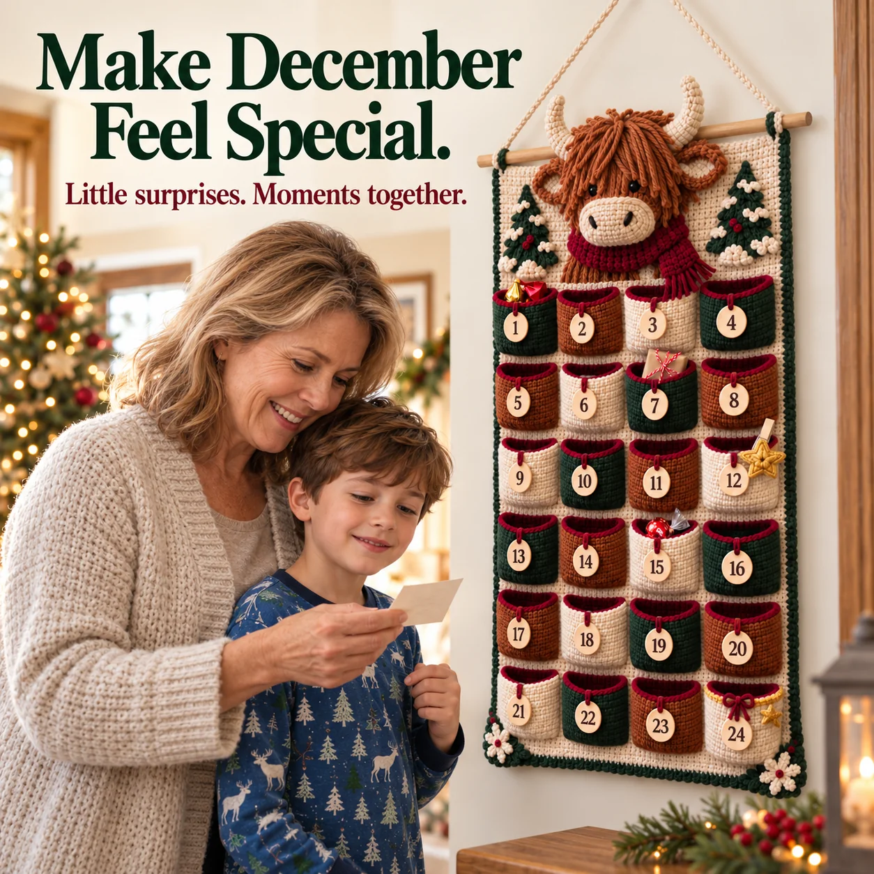 An adult and child sharing a surprise from a finished Highland cow Advent calendar