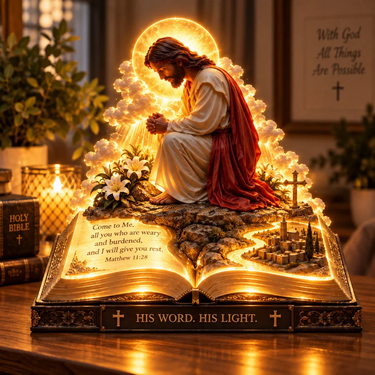 Jesus praying above an illuminated open Bible with Matthew 11:28