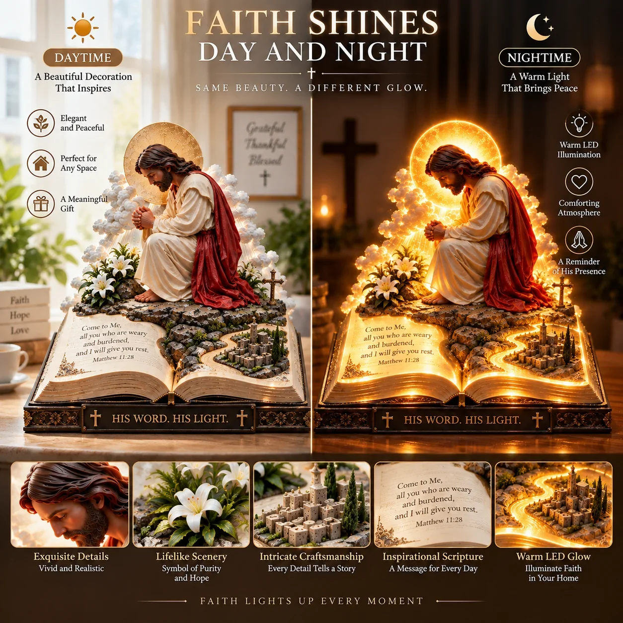 Day and night comparison of illuminated Jesus Bible decor