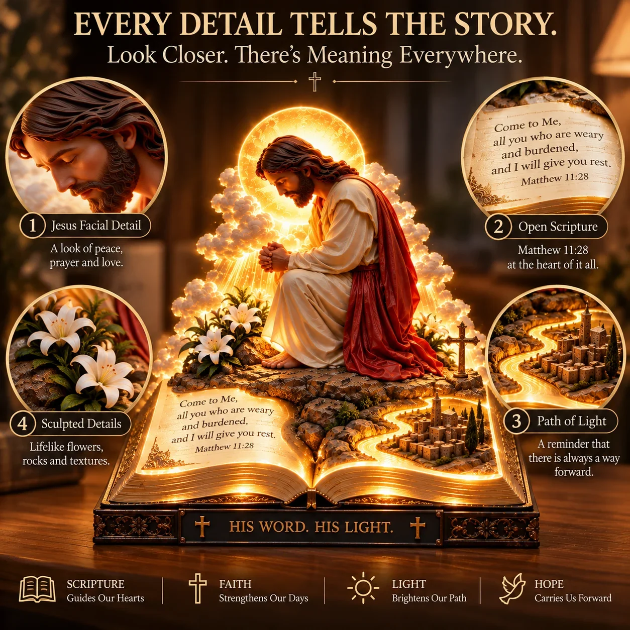 Close-up details of Jesus Bible faith decor