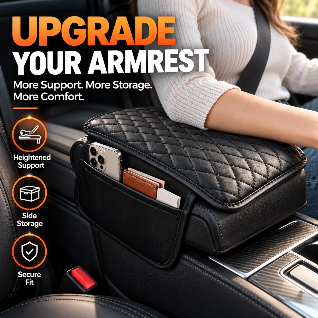 Heightened car center console armrest with storage