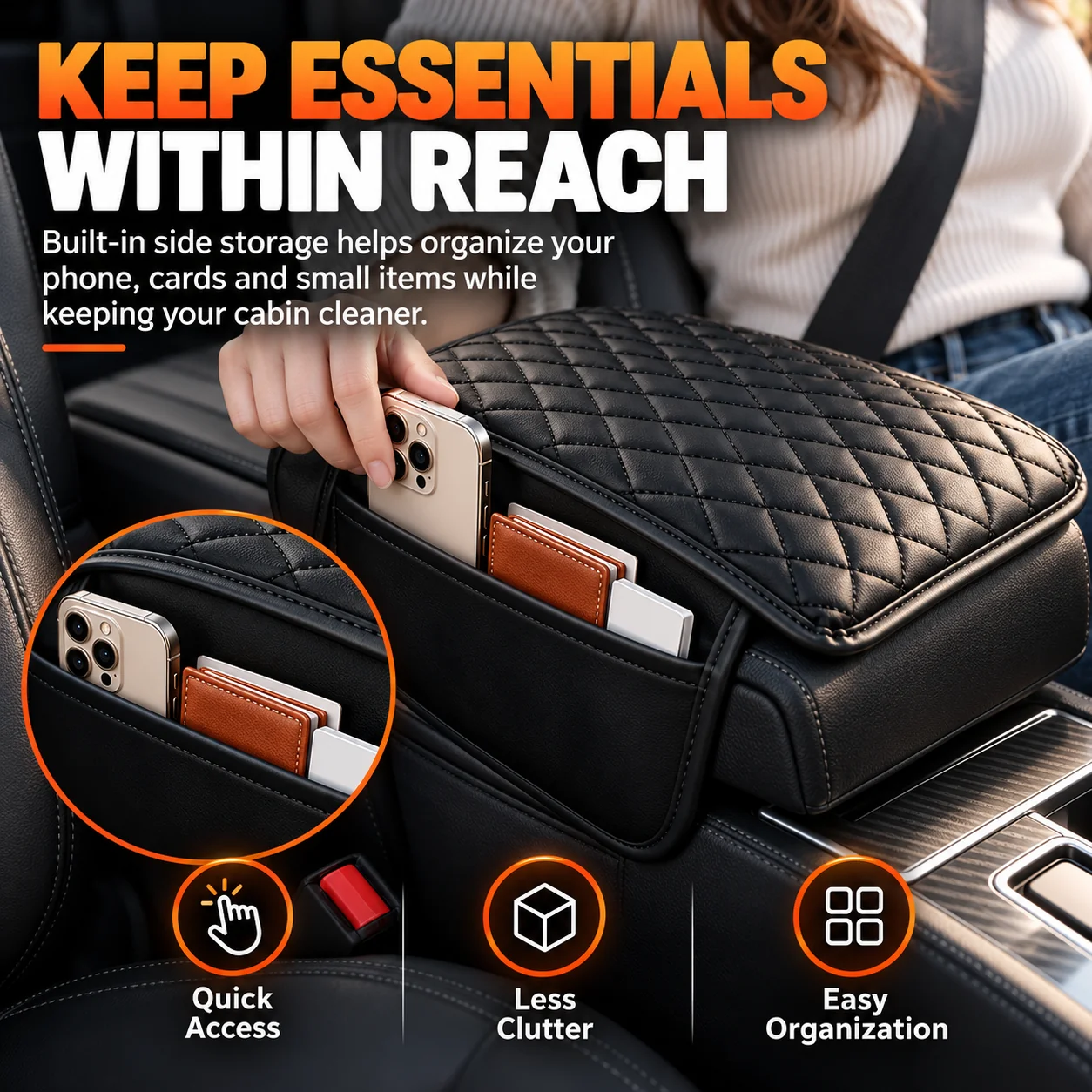 Quilted padded car armrest cushion