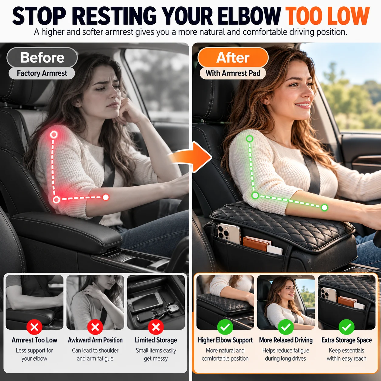 Factory center armrest compared with heightened armrest