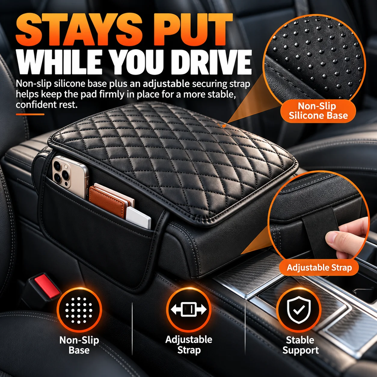 Car armrest organizer with phone cards and small items