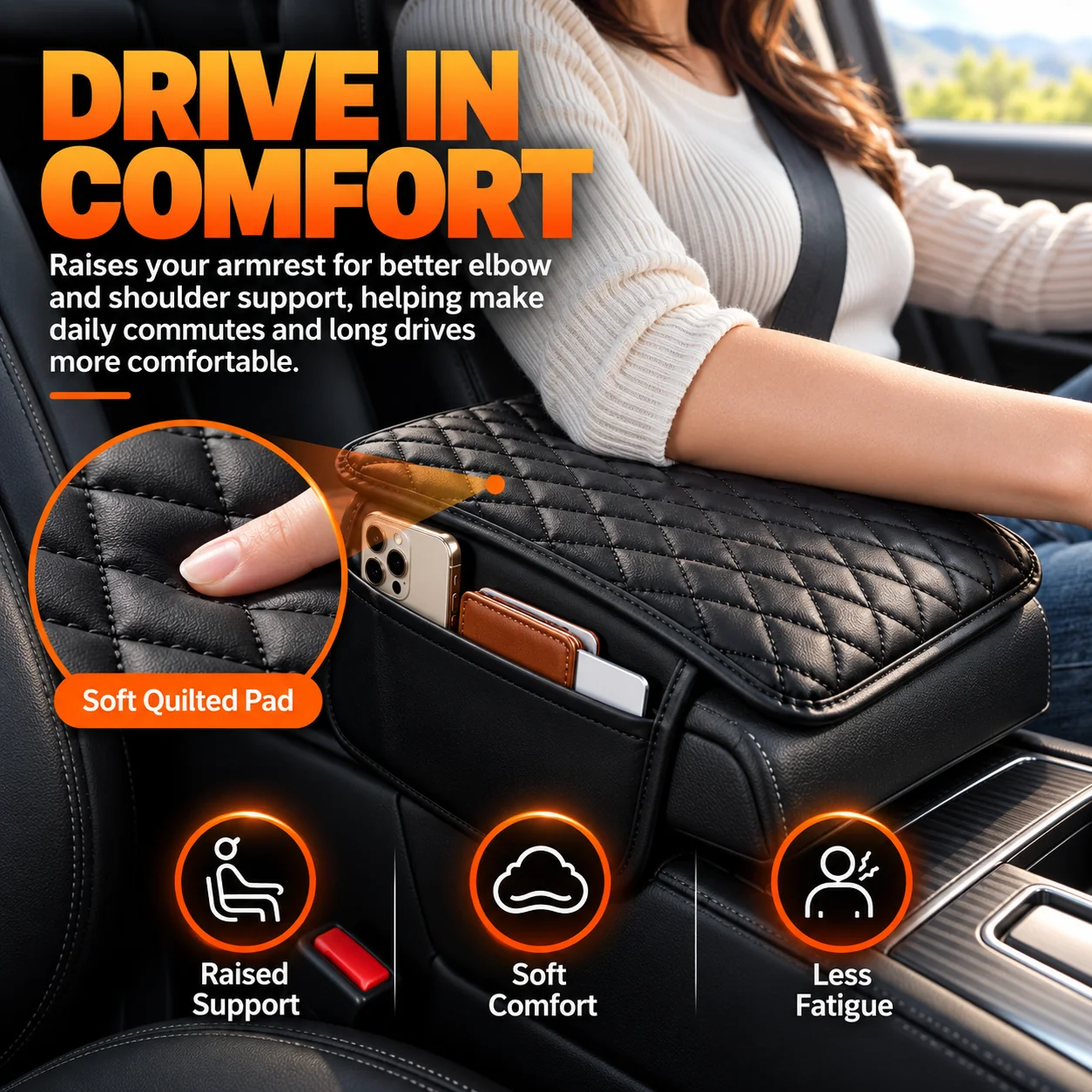 Adjustable strap and non slip silicone base on car armrest pad