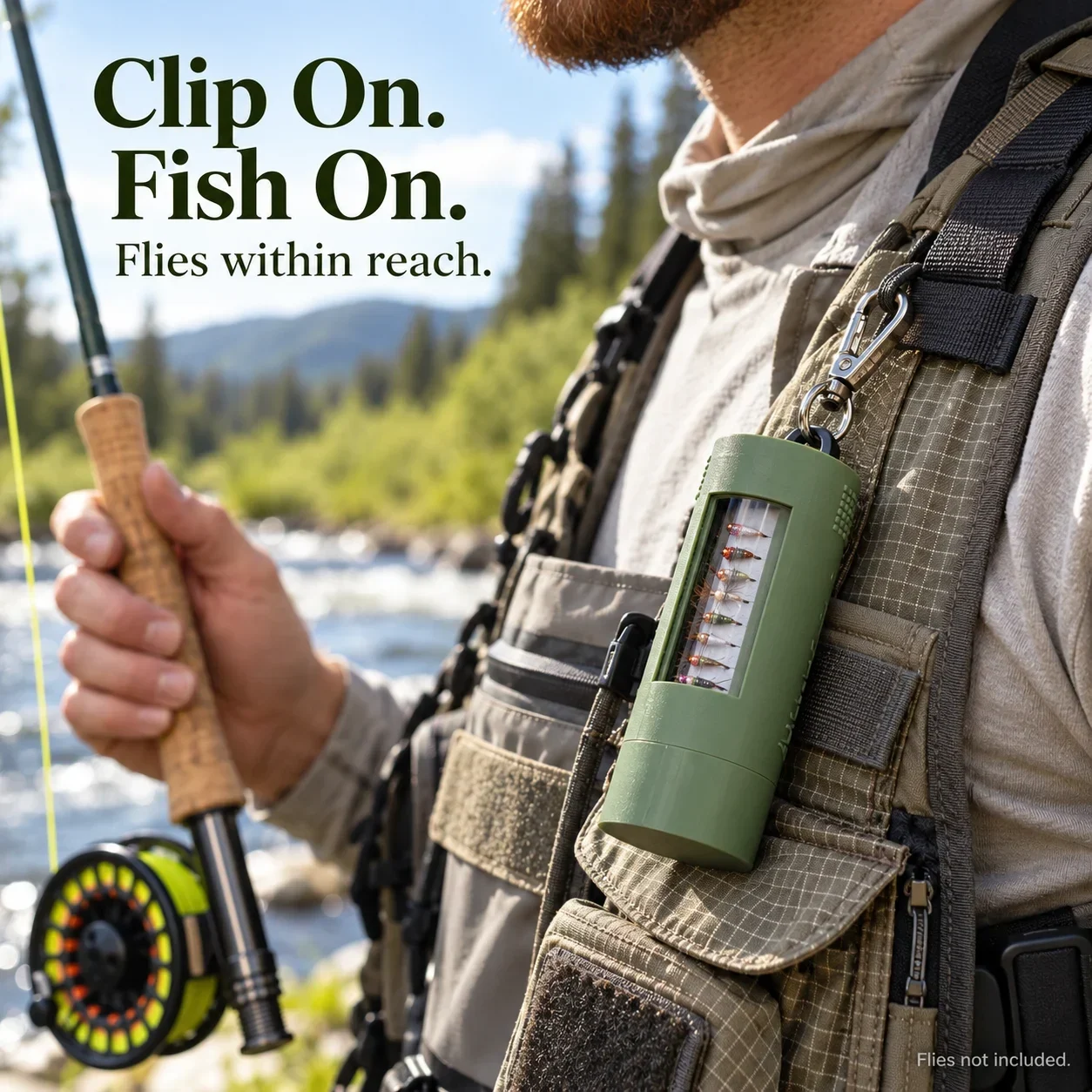 Fly box clipped onto fishing vest or strap