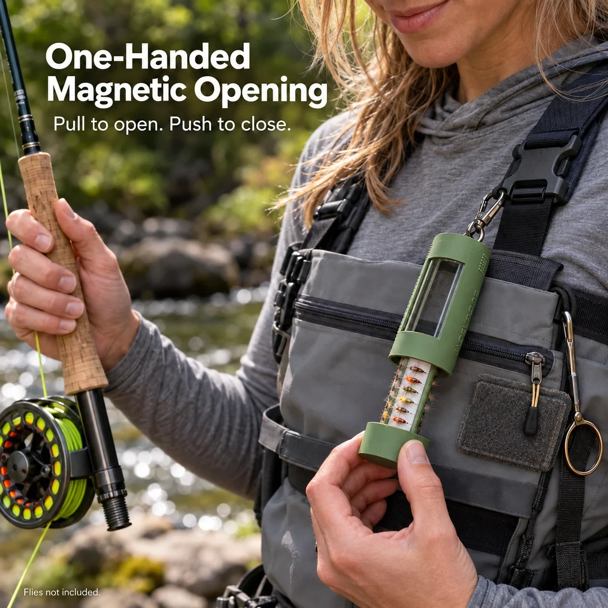 One-handed magnetic opening of clip-on fly box