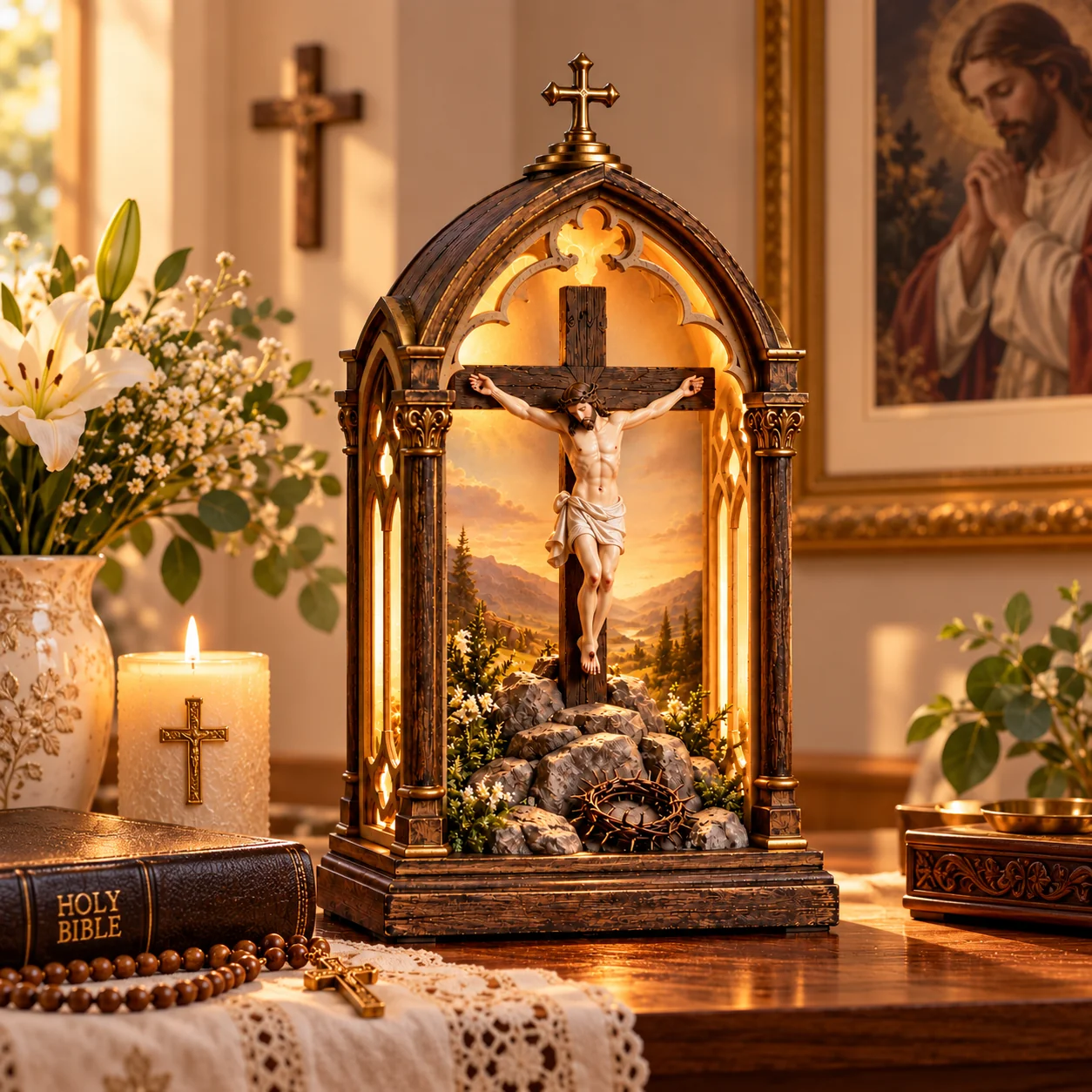 Illuminated Calvary tabletop devotional shrine