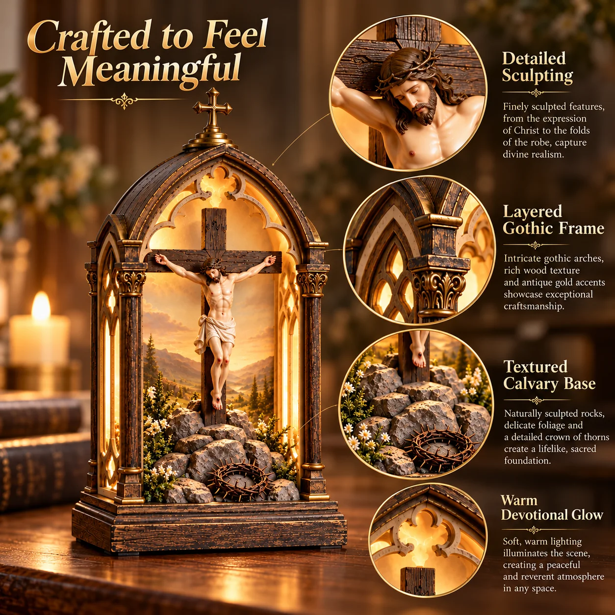 Close up of Christ at Calvary and Gothic inspired shrine details