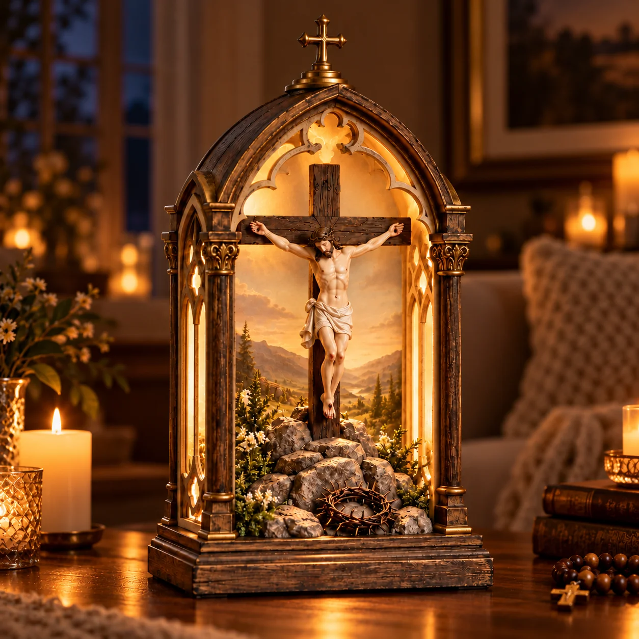Calvary devotional shrine illuminated at night