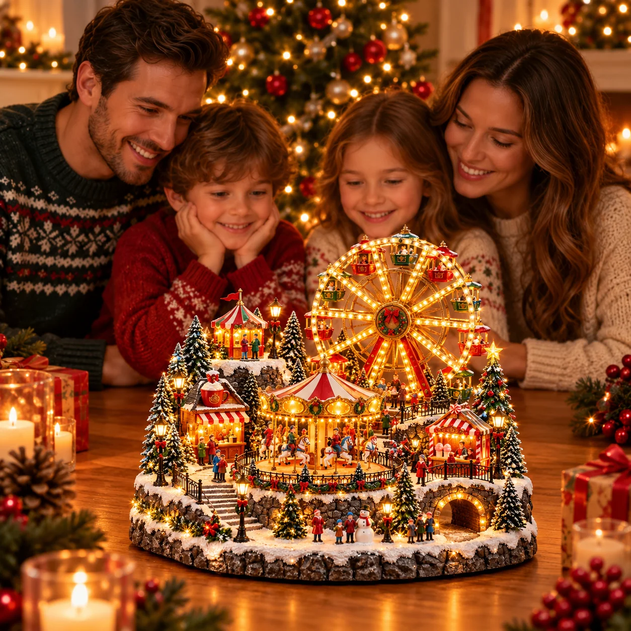 Christmas Wonderland Carnival village with Ferris wheel and carousel