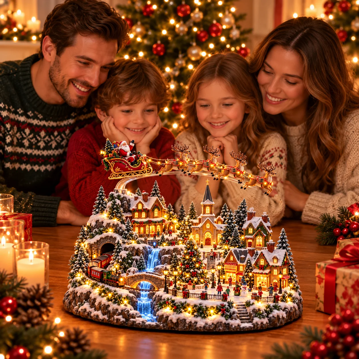 Santa's Flying Reindeer Village scene with bridge, waterfall and snowy houses