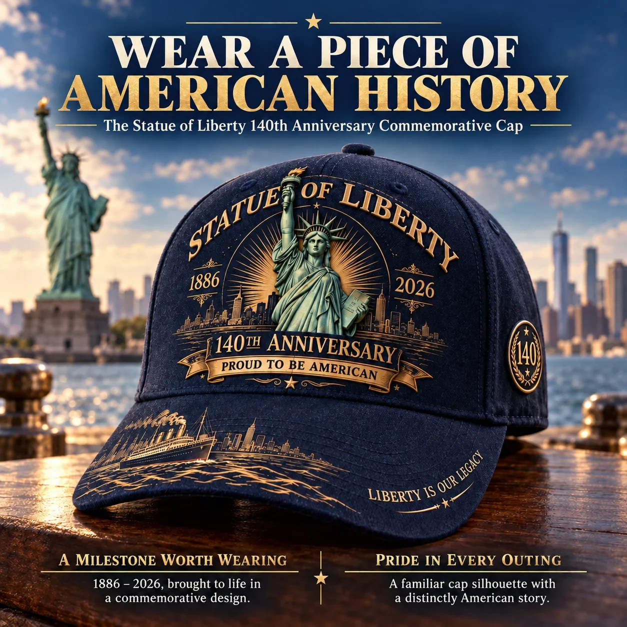 Navy Statue of Liberty 140th anniversary cap beside New York Harbor
