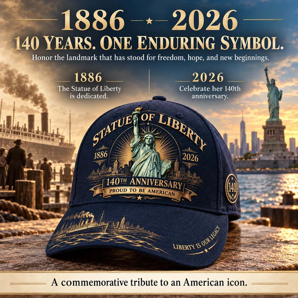 1886 and 2026 anniversary dates on the Statue of Liberty cap