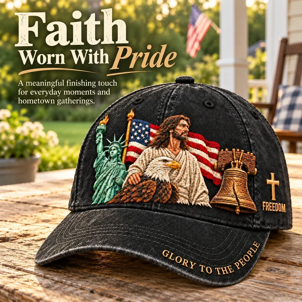 Black Faith and Freedom embroidered cap on an American backyard porch