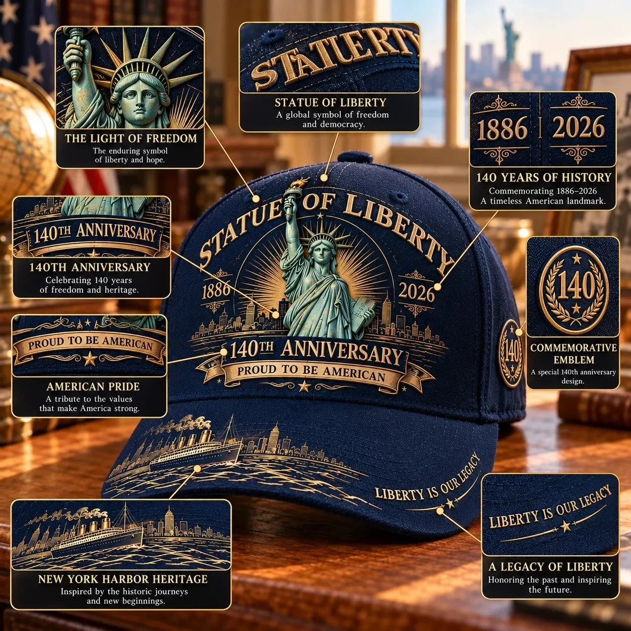 Close-up annotations of the Liberty artwork, anniversary lettering, harbor brim and side emblem