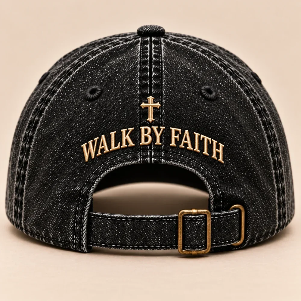 Back of the black Faith and Freedom cap with gold Walk by Faith embroidery, cross and adjustable buckle