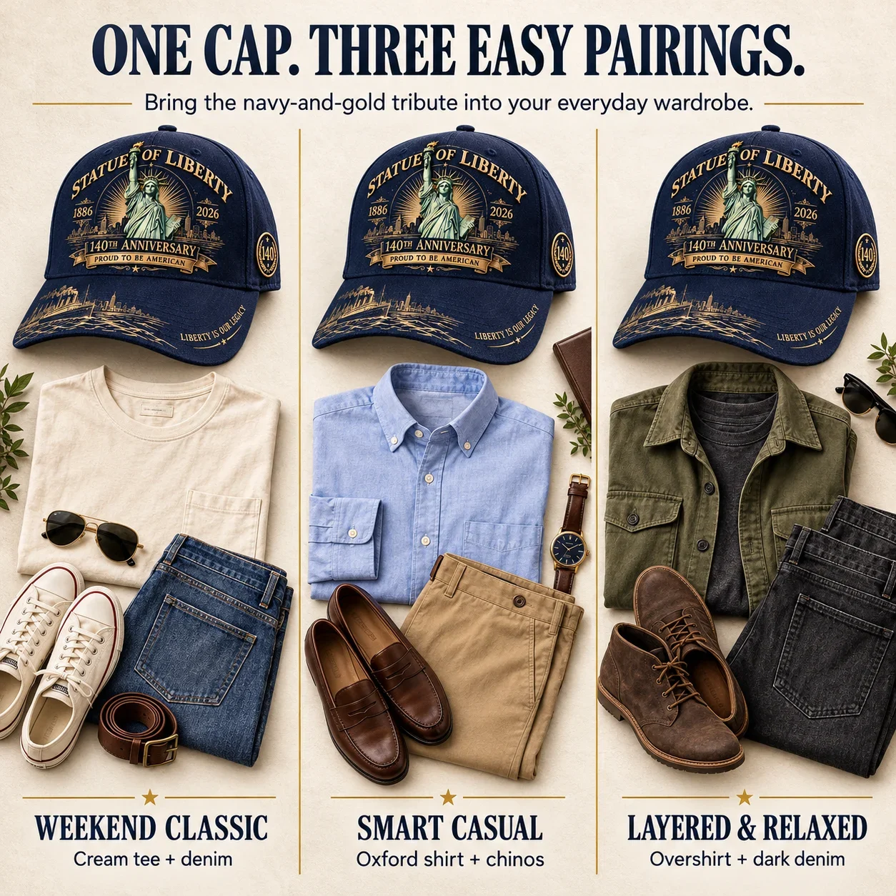 Three outfit pairings with the navy commemorative cap
