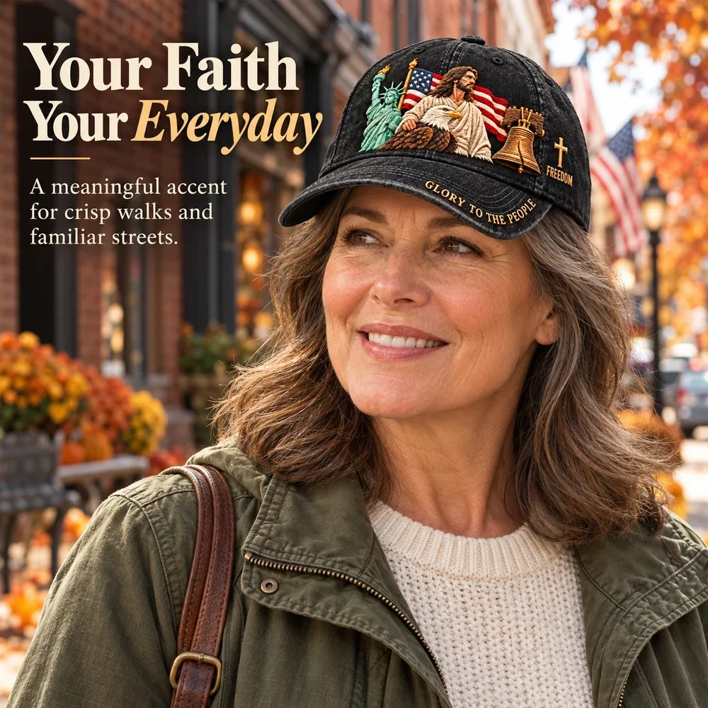 Woman wearing the embroidered black cap on an autumn walk