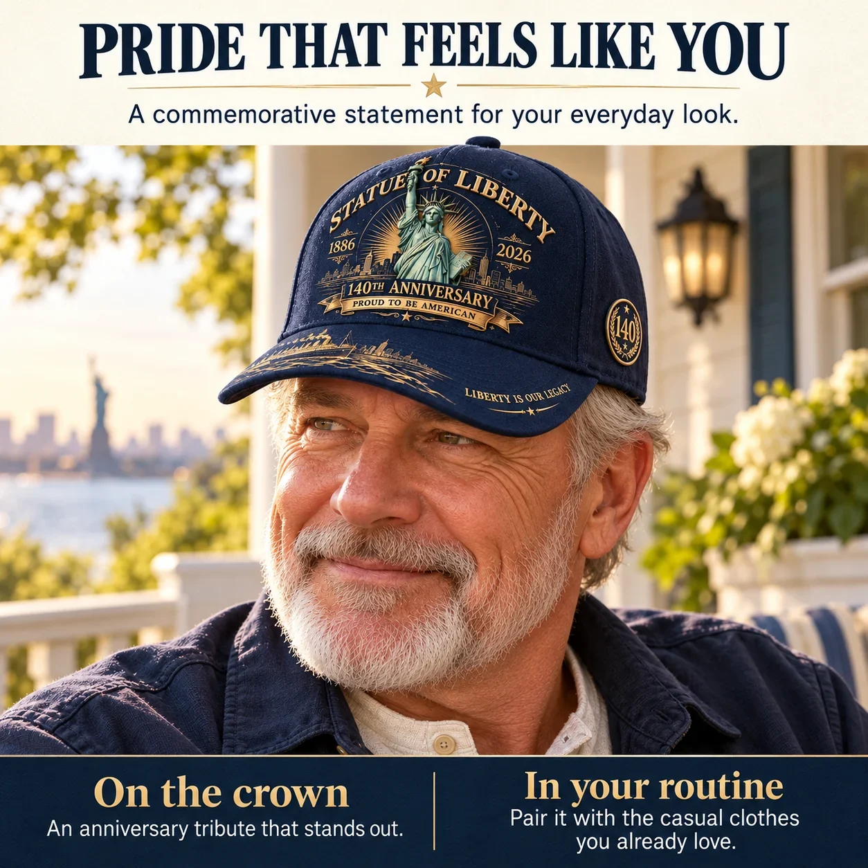 Man wearing the navy Statue of Liberty commemorative cap