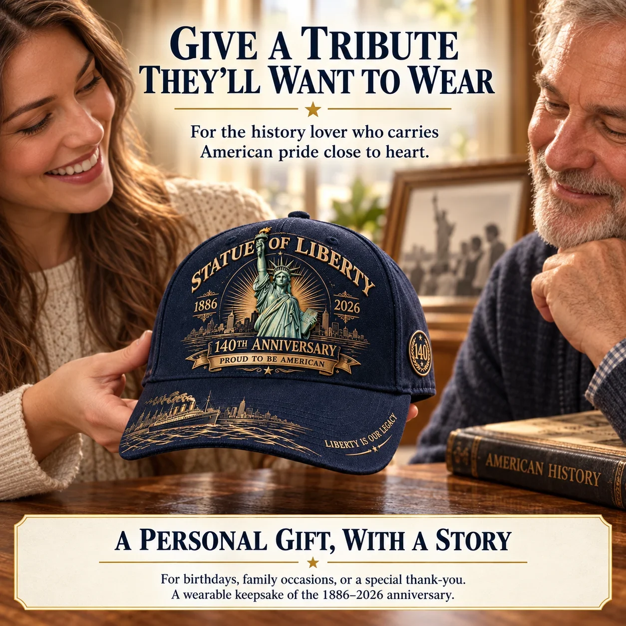 A woman presenting the navy Liberty anniversary cap as a personal gift
