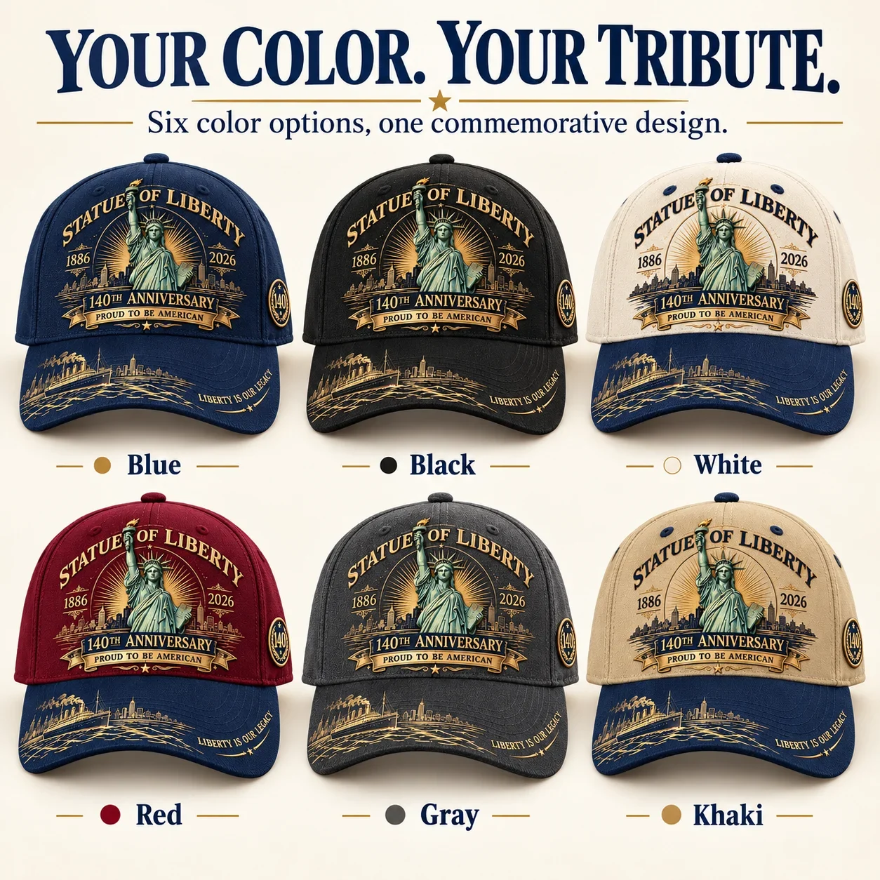 Six cap color options labeled Blue, Black, White, Red, Gray and Khaki