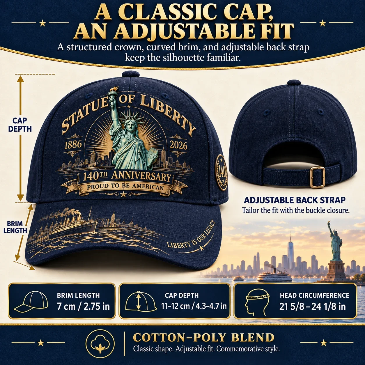 Cap dimensions, cotton-poly blend and adjustable buckle strap