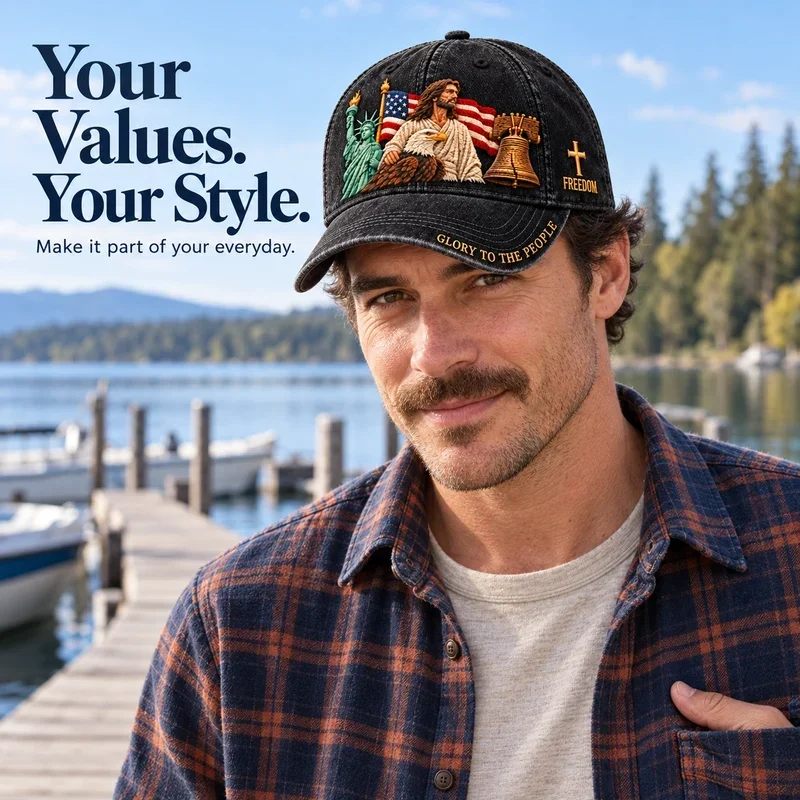 Man in a plaid shirt wearing the cap by a lake