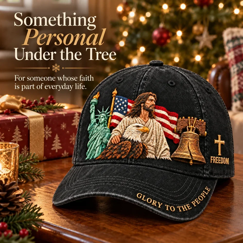 Black embroidered cap displayed beside a Christmas tree
