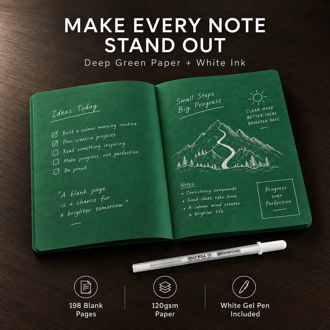 Person creating white ink mountain sketch in green notebook