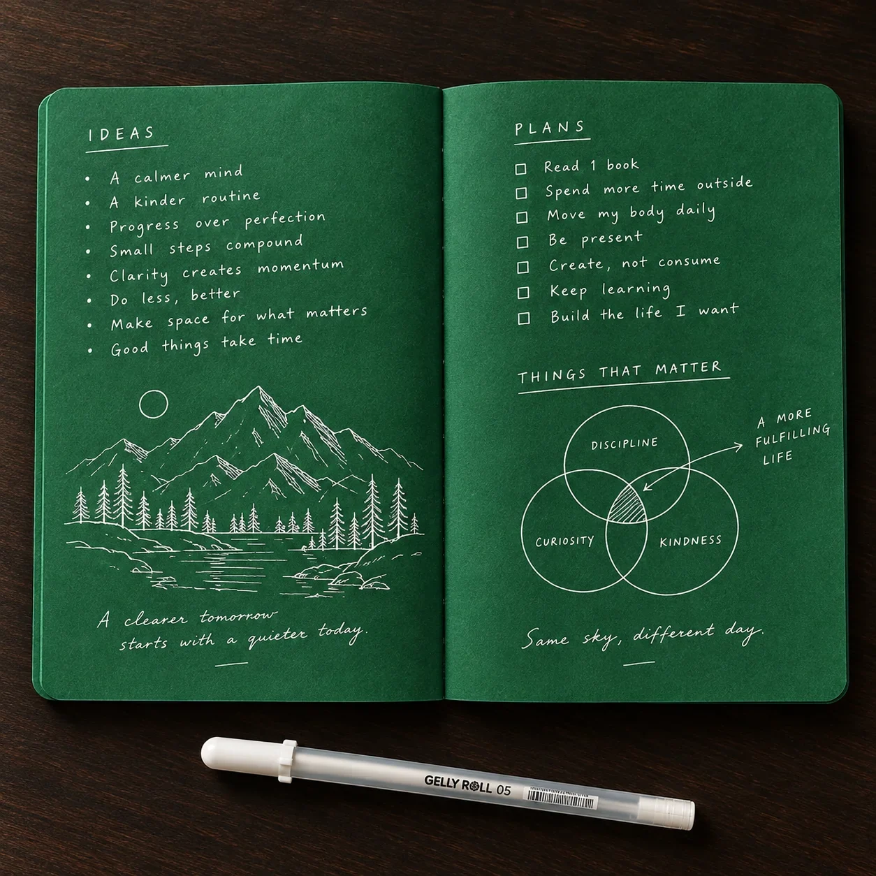 Green notebook with white notes plans diagrams and illustrations