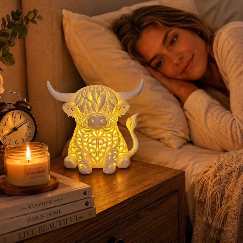 Highland cow tea light decoration shown as a cozy candlelight accent