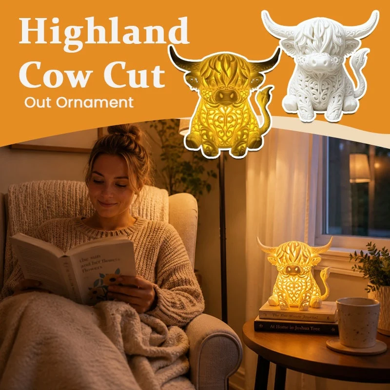 Highland cow resin tea light holder styled as a rustic home decor accessory
