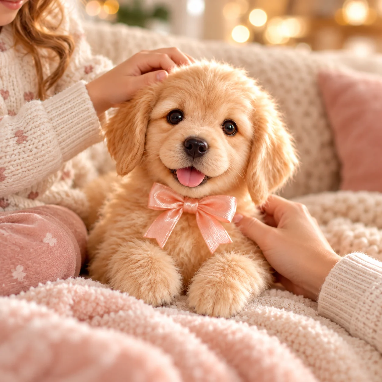 Person interacting with Golden Buddy robot Golden Retriever puppy