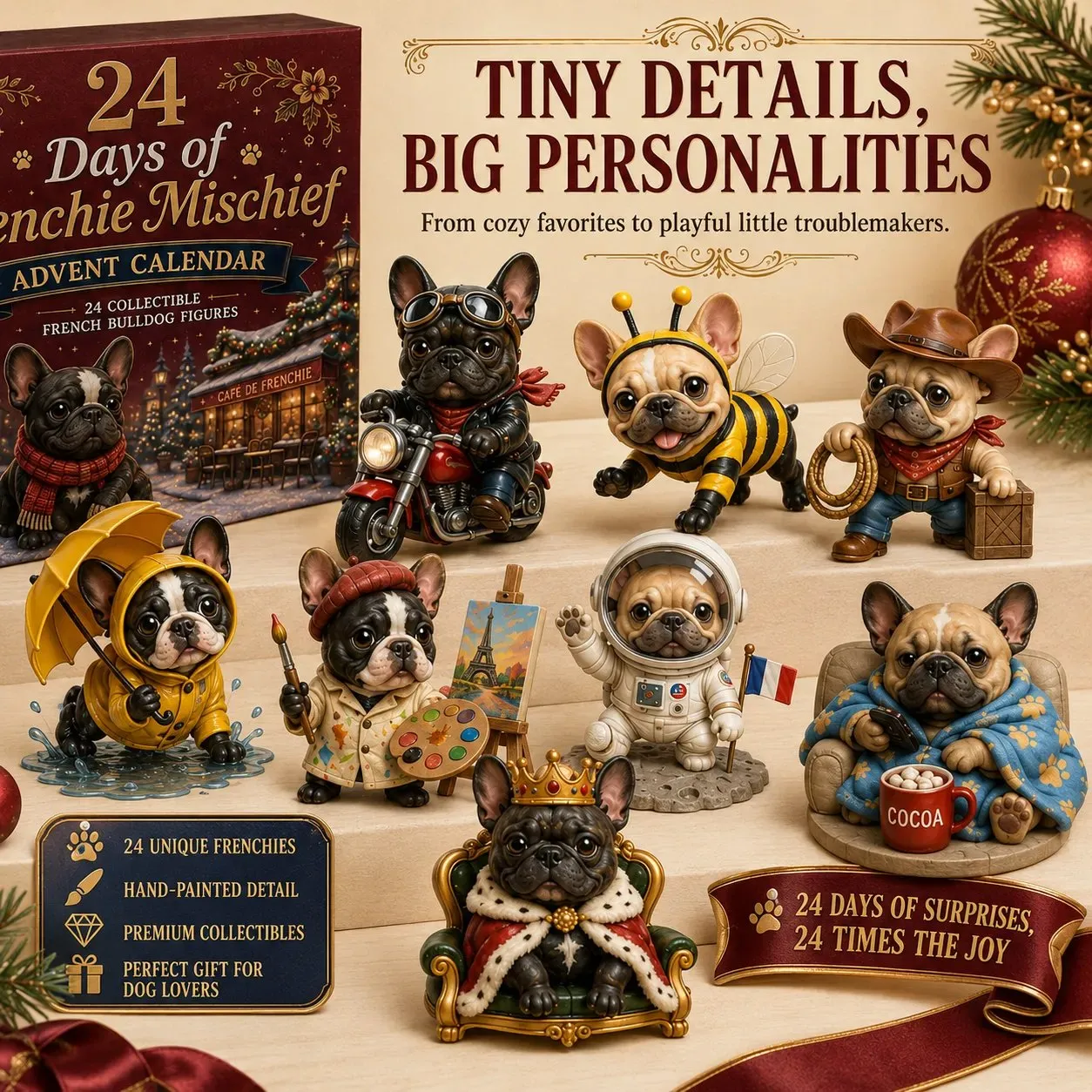 French bulldog figures shelf display