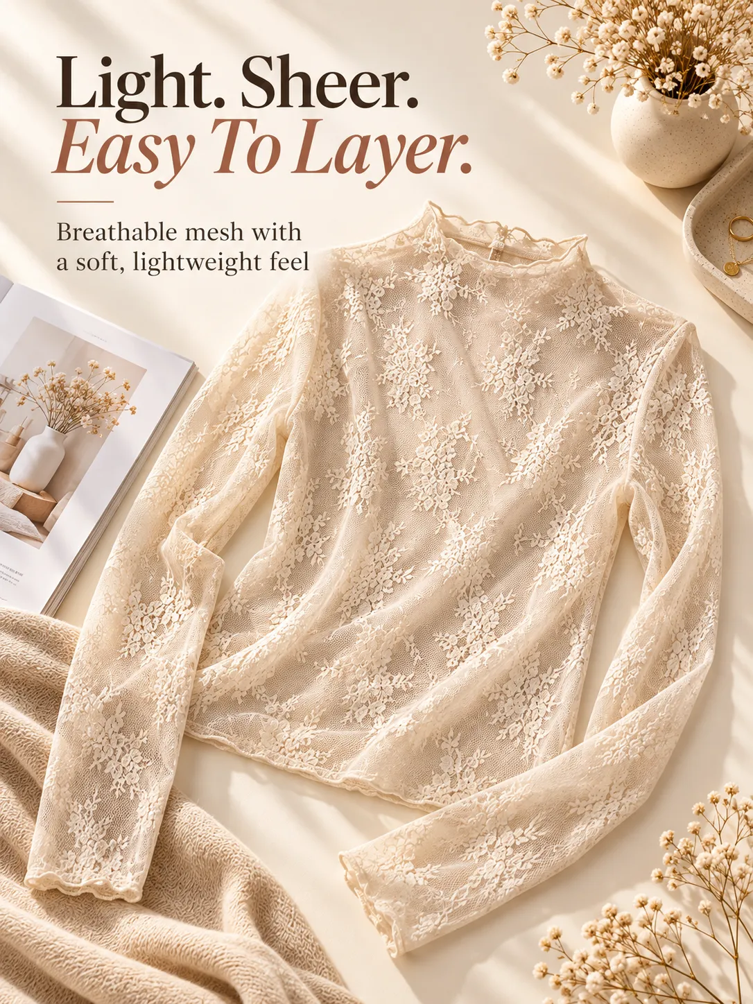 Lightweight sheer floral lace top for layering