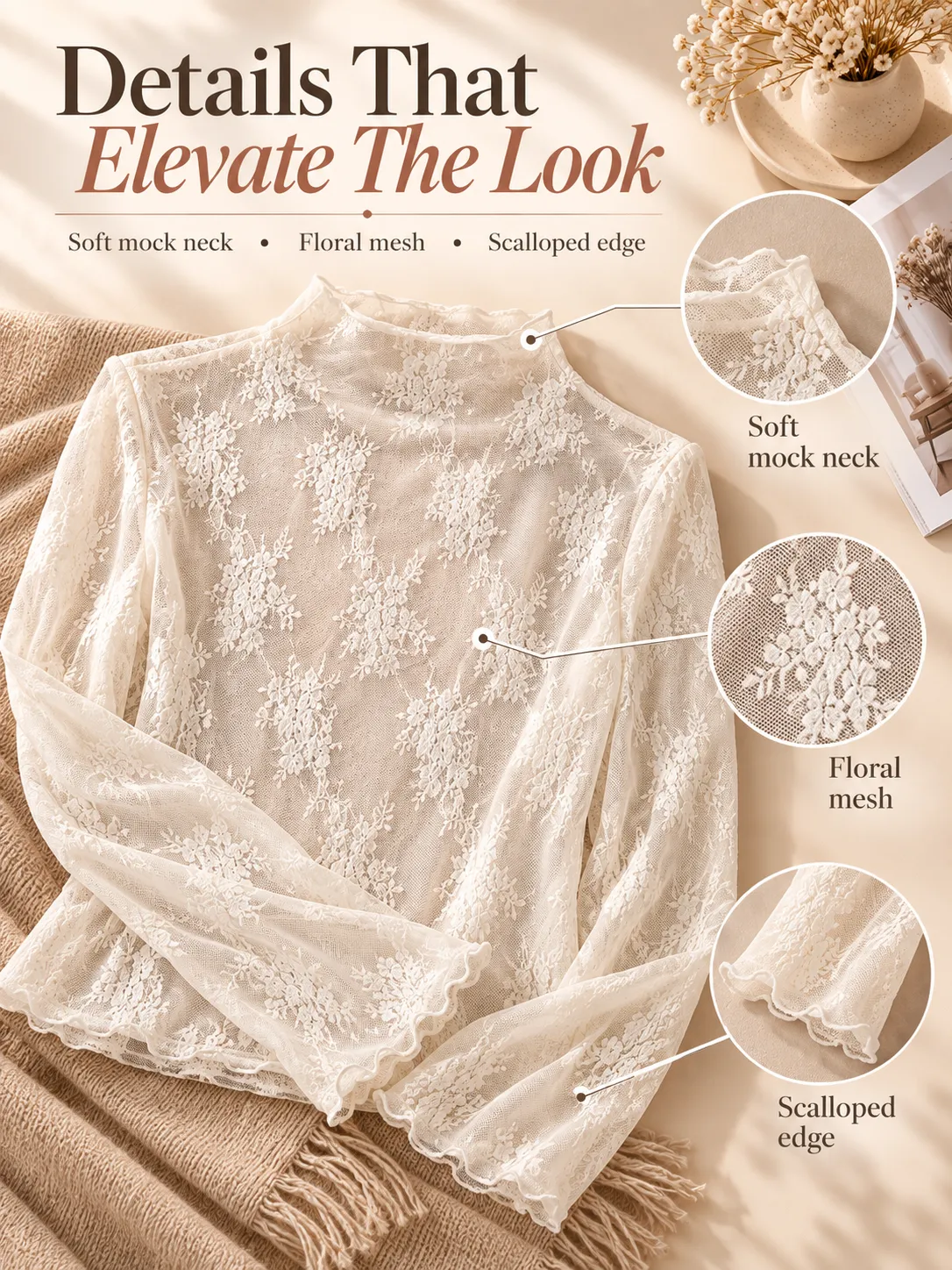 Floral mesh lace neckline and delicate sleeve details
