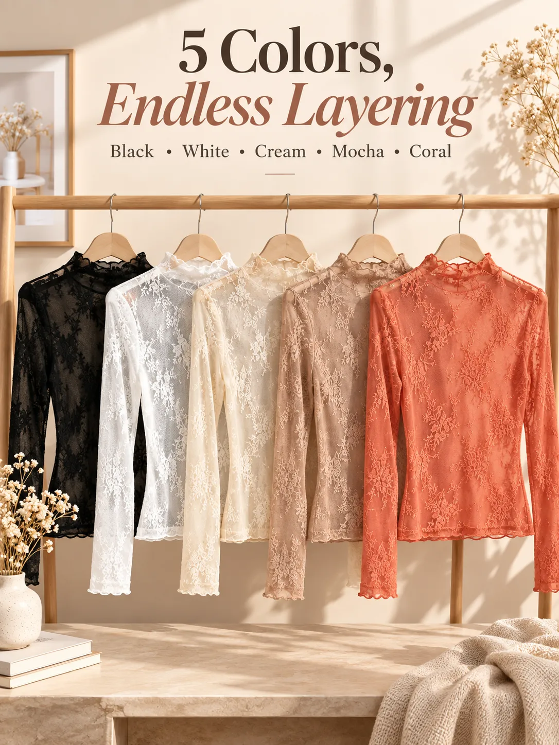 Five color options black white cream mocha and coral lace tops