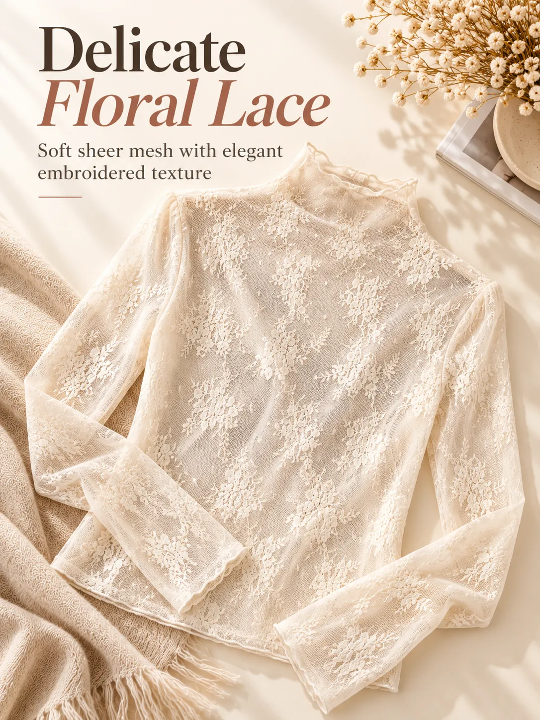 Close-up of delicate floral lace mesh fabric